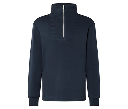 Sweat-shirt bleu marine avec fermeture éclair au col.
