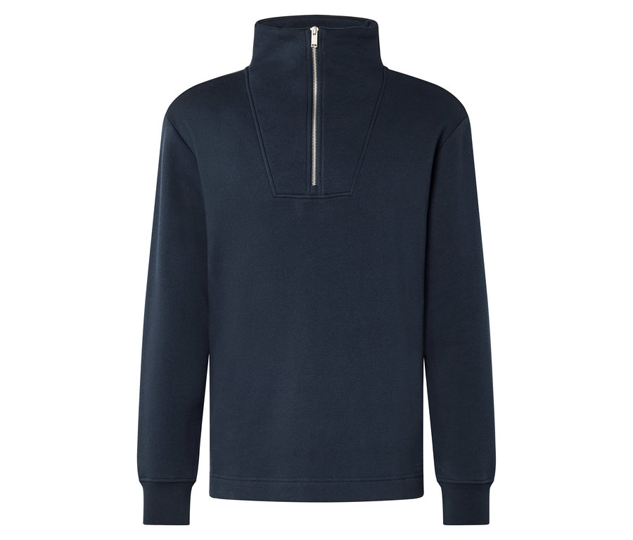 Sweat-shirt bleu marine avec fermeture éclair au col.