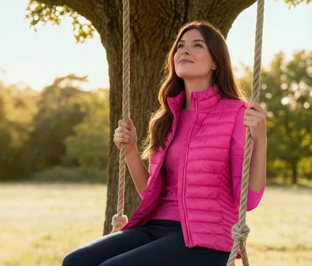 Femme sur une balançoire portant une veste sans manches matelassée, un pantalon stretch et un haut manches 3/4.
