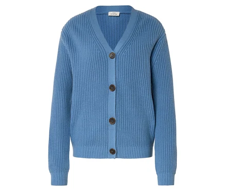 Cardigan en tricot bleu clair avec encolure en V et trois boutons marron.