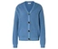 Cardigan en tricot bleu clair avec encolure en V et trois boutons marron.