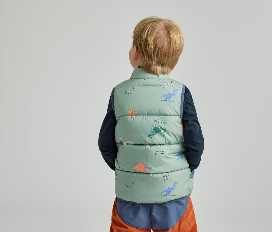 Vue arrière d'un enfant blond portant un gilet matelassé vert clair à motif de dinosaures, une chemise bleue et un pantalon orange.
