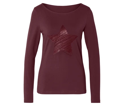 T-shirt bordeaux à manches longues avec un motif étoile pailleté sur le devant.