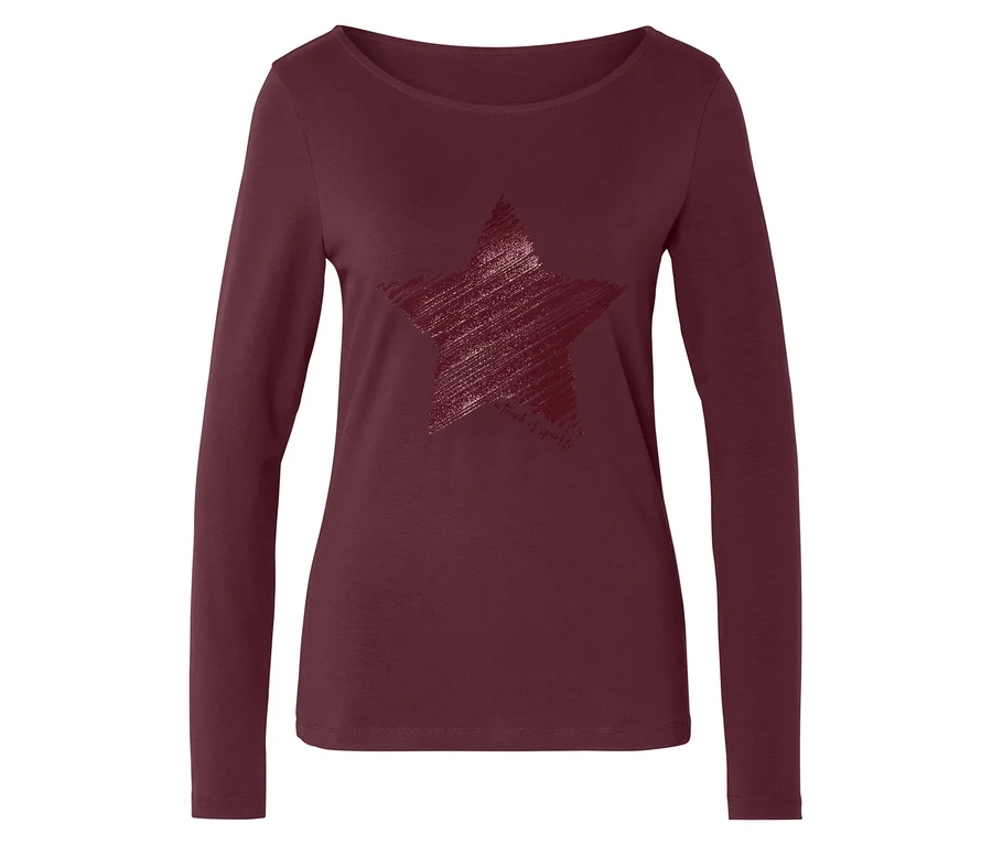 T-shirt bordeaux à manches longues avec un motif étoile pailleté sur le devant.