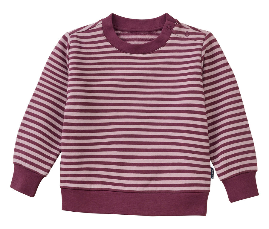 Sweat-shirt enfant à rayures bordeaux et rose clair, avec col rond et boutons-pression à l'épaule.