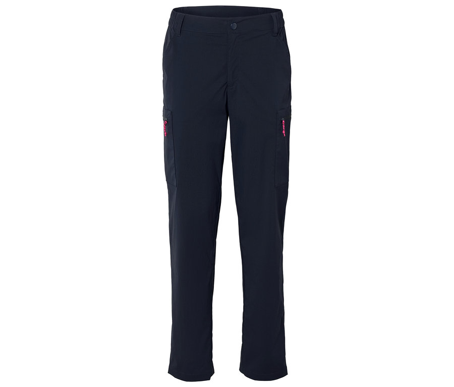 Un pantalon bleu marine avec des poches sur les deux jambes et des fermetures éclair roses.