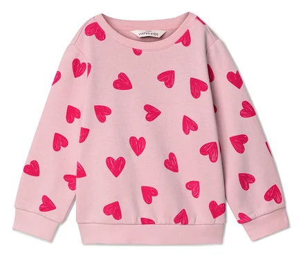 Un sweat-shirt rose clair avec un motif de cœurs rouges.