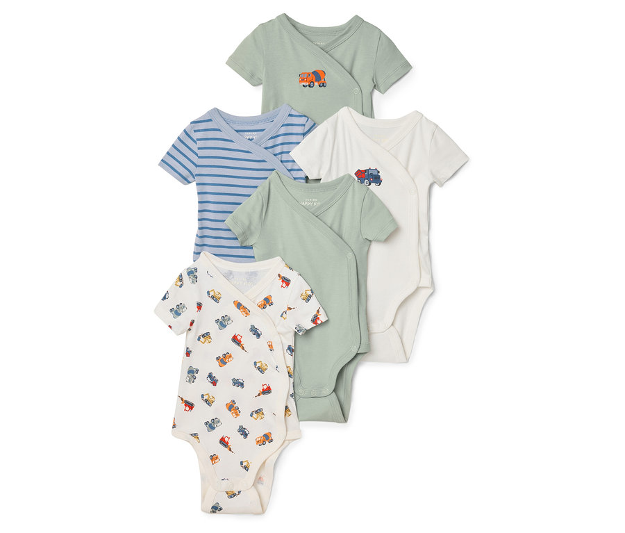 Cinq bodies pour bébés sont disposés les uns sur les autres, de différentes couleurs et motifs.