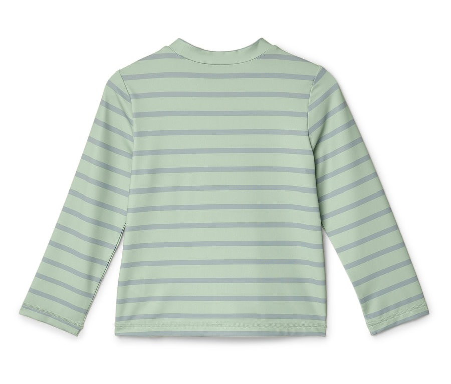 T-shirt à manches longues vert clair avec des rayures grises.