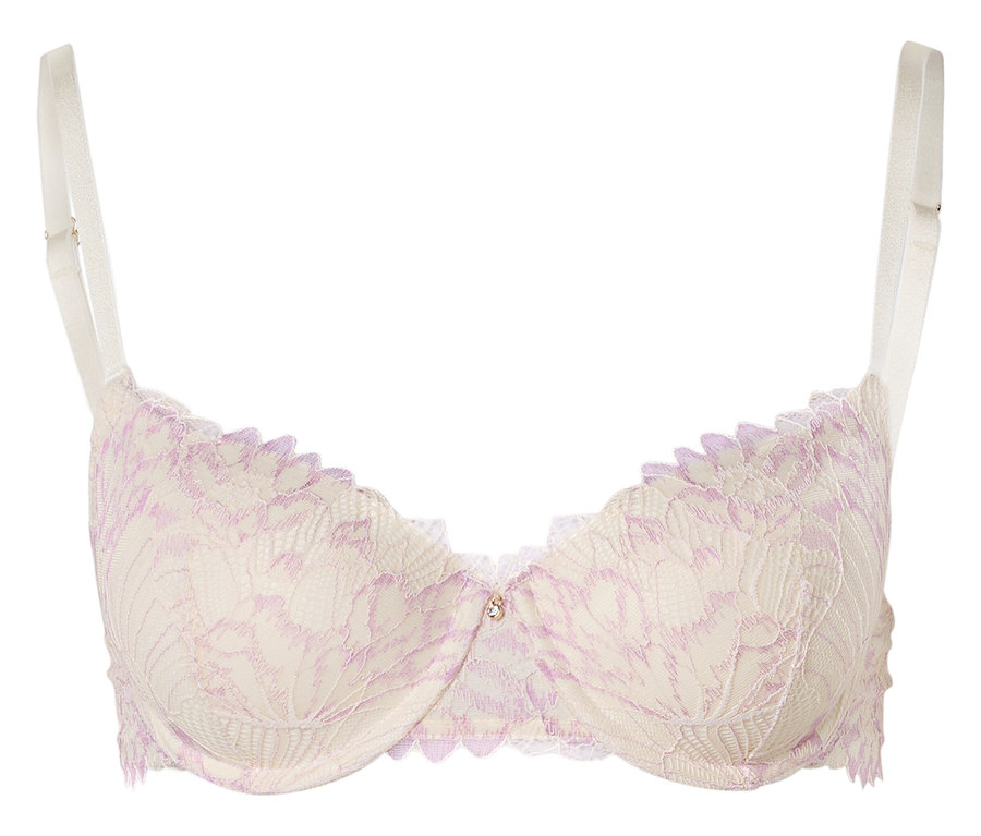 Soutien-gorge couleur ivoire avec dentelle lavande et bretelles réglables.