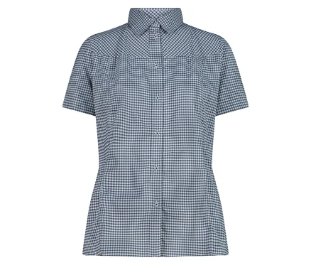 Une chemise à manches courtes à carreaux bleus et blancs avec un col et des boutons.