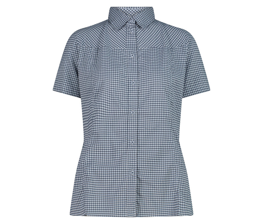 Une chemise à manches courtes à carreaux bleus et blancs avec un col et des boutons.