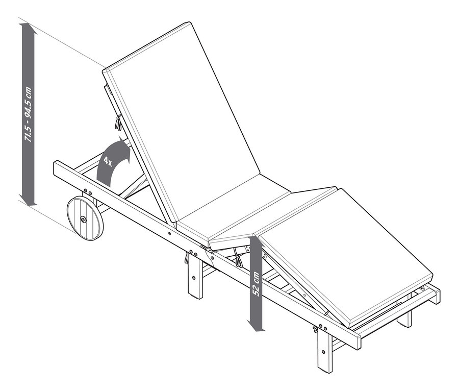 Image d'une chaise longue de jardin classique avec dossier réglable et roulettes.