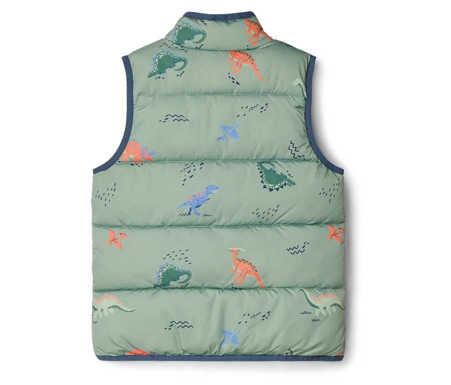 Vue arrière d'un gilet matelassé vert clair sans manches avec bordure bleu marine et motif dinosaure.