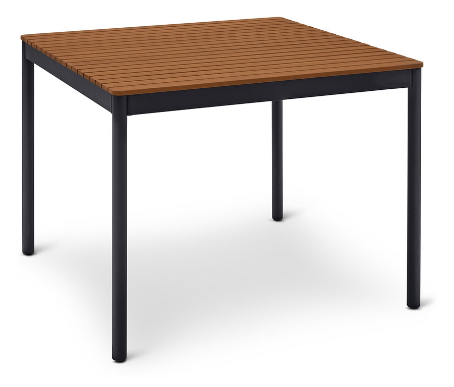 Table carrée avec plateau en bois marron et structure en métal noir.