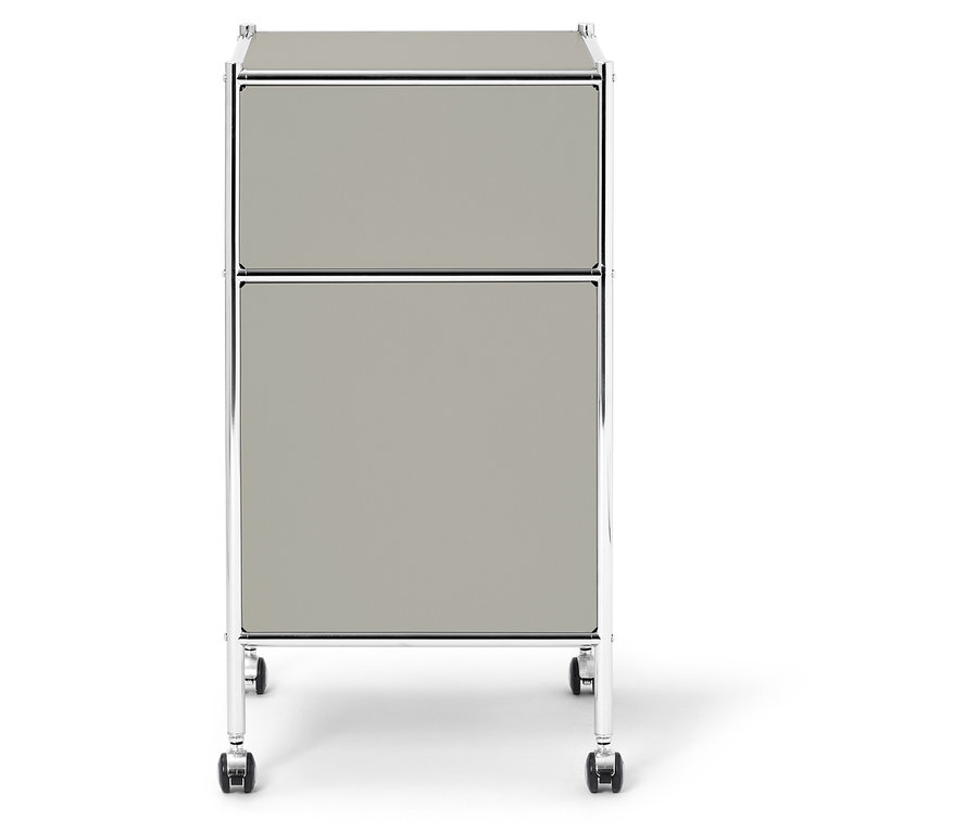 Caisson gris à roulettes avec deux tiroirs et cadre chromé.