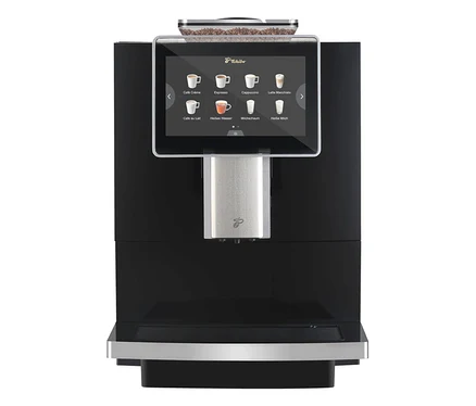 Une machine à café noire avec écran tactile et réservoir à grains.
