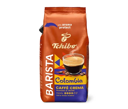 Un paquet de café en grains BARISTA Origins Colombia de 1 kg est présenté verticalement.