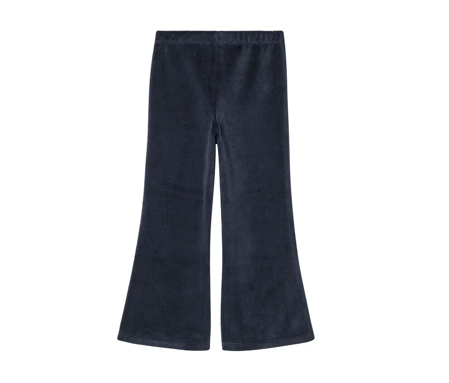 Pantalon évasé en velours bleu foncé avec taille élastique.