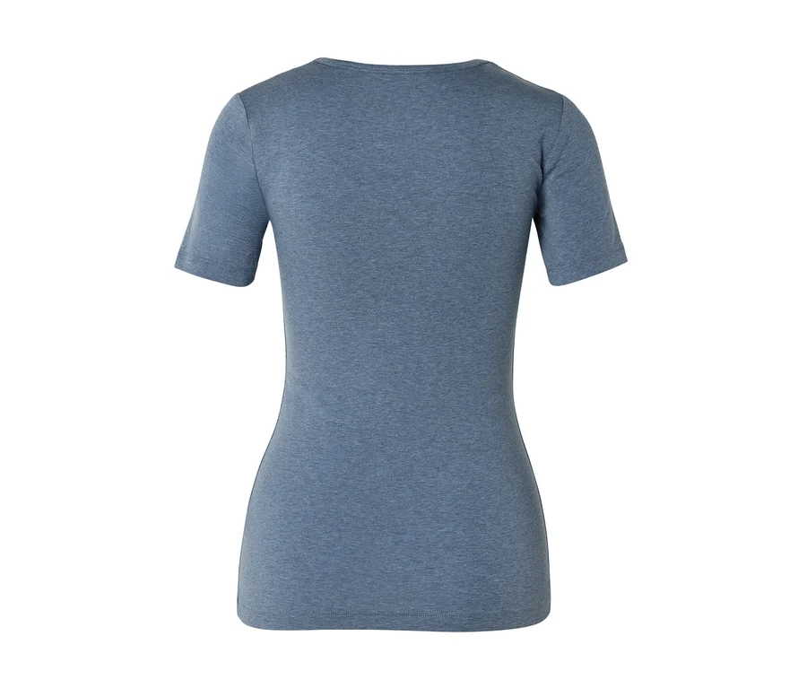 Vue de dos d'un t-shirt ajusté bleu chiné à manches courtes.