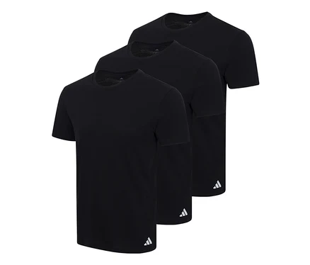 Trois t-shirts noirs adidas Active Core à manches courtes et col rond, disposés en diagonale, chacun avec un petit logo adidas blanc sur l'ourlet inférieur gauche.