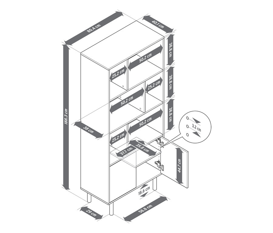 Vue isométrique d'une armoire avec des étagères ouvertes et un compartiment fermé avec une porte ouverte, toutes les dimensions sont indiquées. L'armoire mesure 188,3 cm de haut, 80,4 cm de large et 40,1 cm de profondeur.