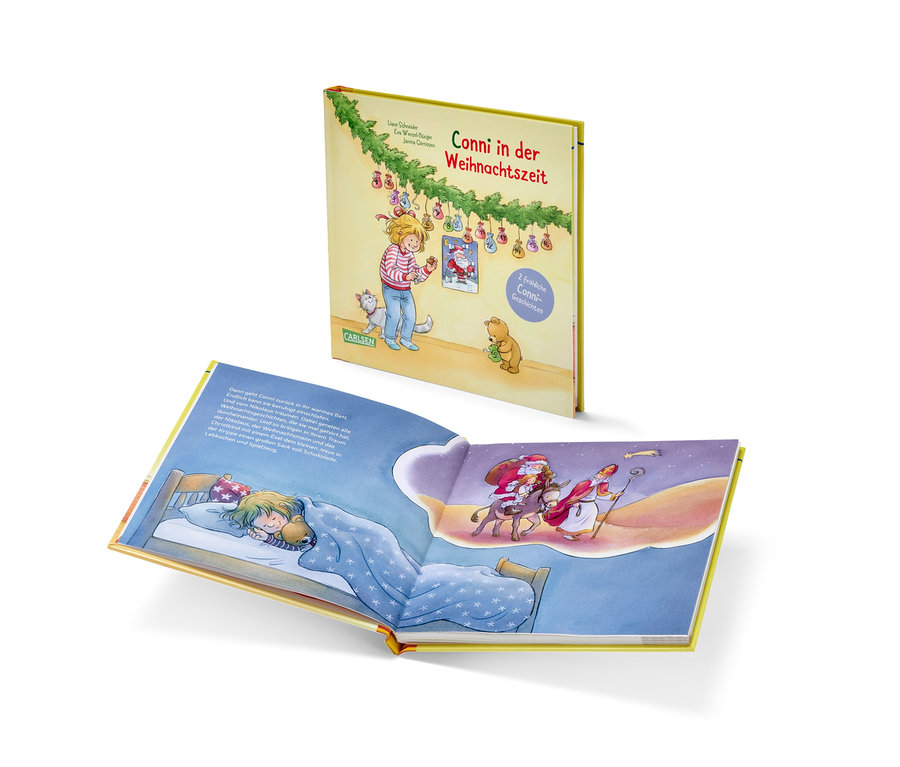 Un livre ouvert montre une fille dormant dans son lit et rêvant de Saint Nicolas et du Père Noël.