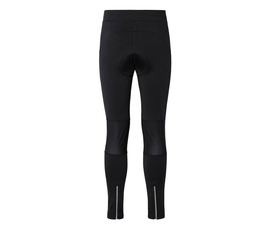 Collant de cyclisme noir avec un siège rembourré, des empiècements en maille sous les genoux et des fermetures éclair aux chevilles.
