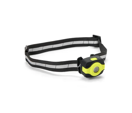 Lampe frontale avec un bandeau rayé noir et gris et une lumière jaune et noire.