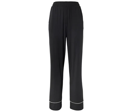 Pantalon noir à jambes larges avec une taille élastique et une bordure claire à l'ourlet.