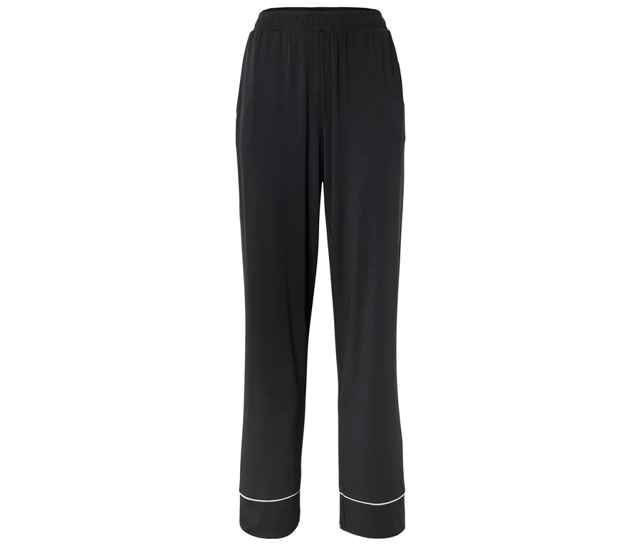 Pantalon noir à jambes larges avec une taille élastique et une bordure claire à l'ourlet.
