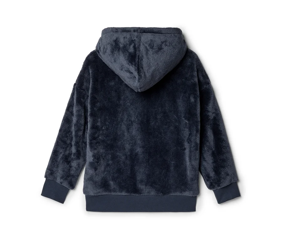 Sweat à capuche bleu foncé moelleux, vu de dos, avec une capuche, des manches longues et des poignets et ourlet côtelés.
