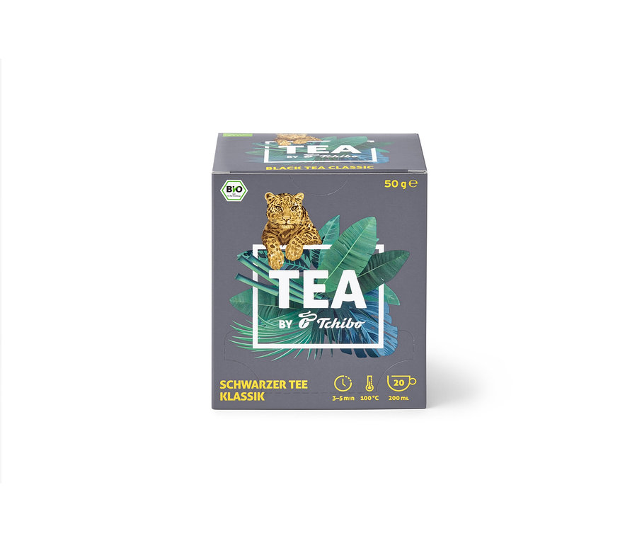 Paquet de BIO TEA by Tchibo Classique 8x20x2,5g. Sur l'emballage, il y a l'image d'un léopard.