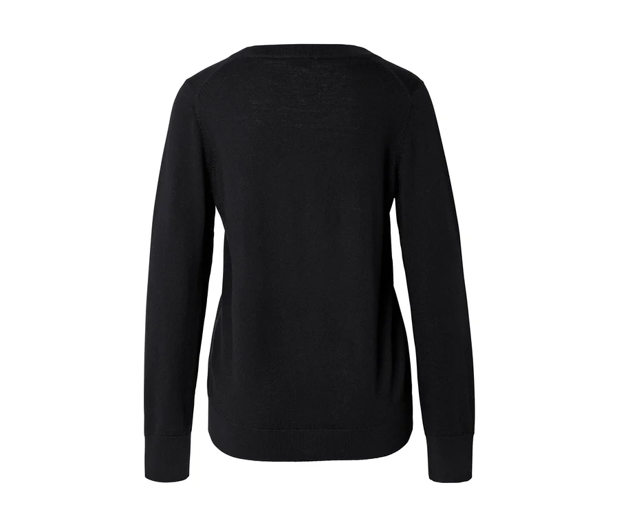 Pull noir à manches longues et col rond, vu de dos. Le pull a des poignets et un ourlet côtelés.