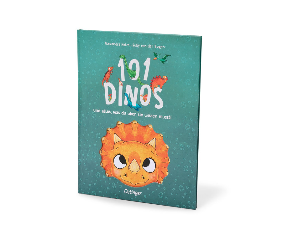 Livre vert avec le titre « 191 DINOS und alles, was du über sie wissen musst! », illustré de dinosaures de dessins animés colorés et d'une grande tête de tricératops orange.
