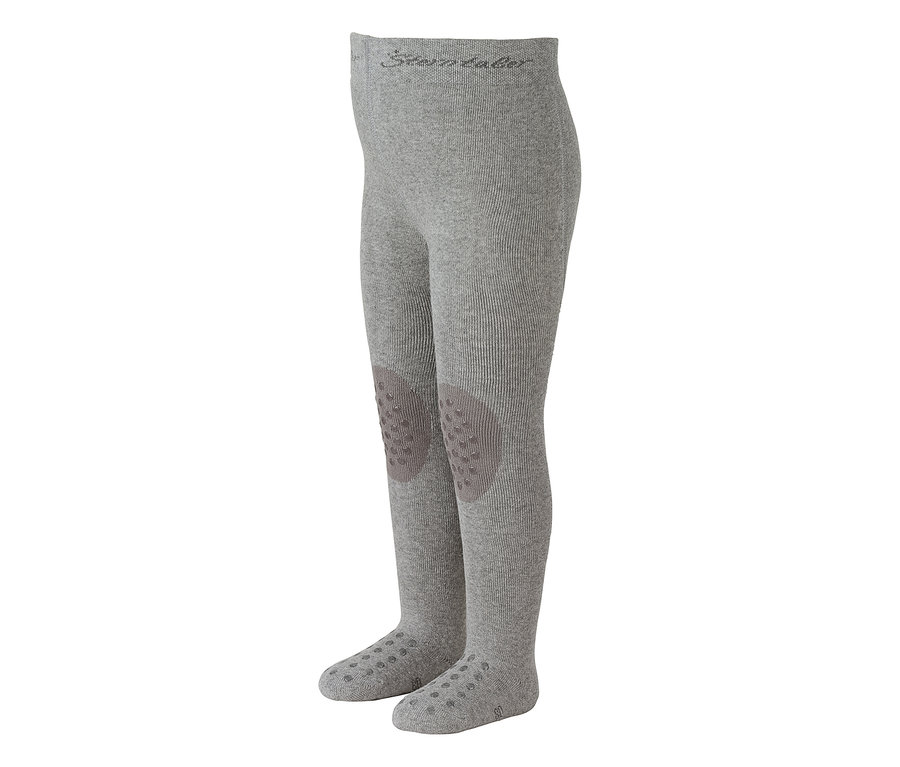 Collants bébé gris côtelés avec genouillères antidérapantes gris foncé et picots sur les semelles, "Sterntaler" sur la ceinture.
