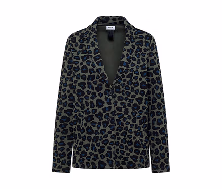 Blazer en jersey CECIL vert olive avec imprimé léopard noir et bleu, doté d'un bouton unique et de deux poches avant.