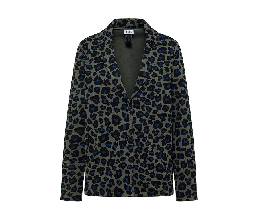 Blazer en jersey CECIL vert olive avec imprimé léopard noir et bleu, doté d'un bouton unique et de deux poches avant.