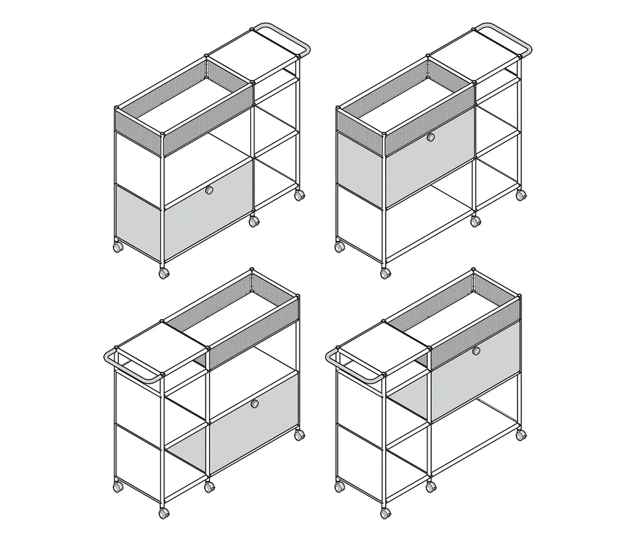 Quatre dessins isométriques du chariot de bar en métal « CN3 » avec compartiment à abattant. Deux chariots sont taupe, deux sont blancs. Chaque chariot a une poignée, des étagères, un panier grillagé et un compartiment à abattant. Les deux chariots du haut montrent le compartiment à abattant à gauche, les deux du bas à droite.