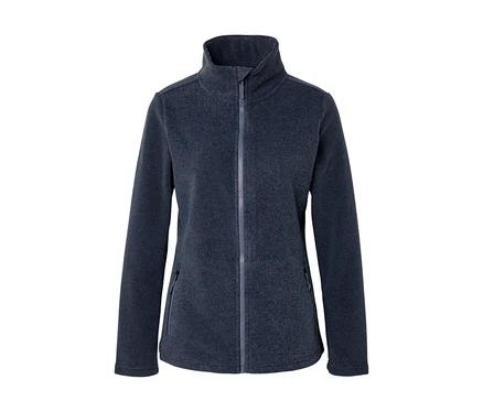 Veste polaire bleu foncé avec col montant, fermeture éclair intégrale et deux poches avant zippées, sur fond blanc.