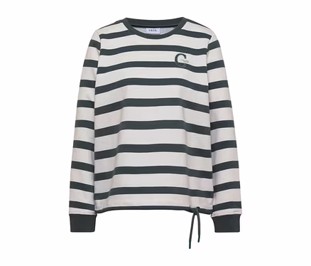 Sweatshirt CECIL à rayures blanches et vert foncé, col rond et cordon de serrage à l'ourlet.