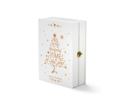 Un calendrier de l'Avent à LED blanc avec un imprimé doré de sapin de Noël et une fermeture.