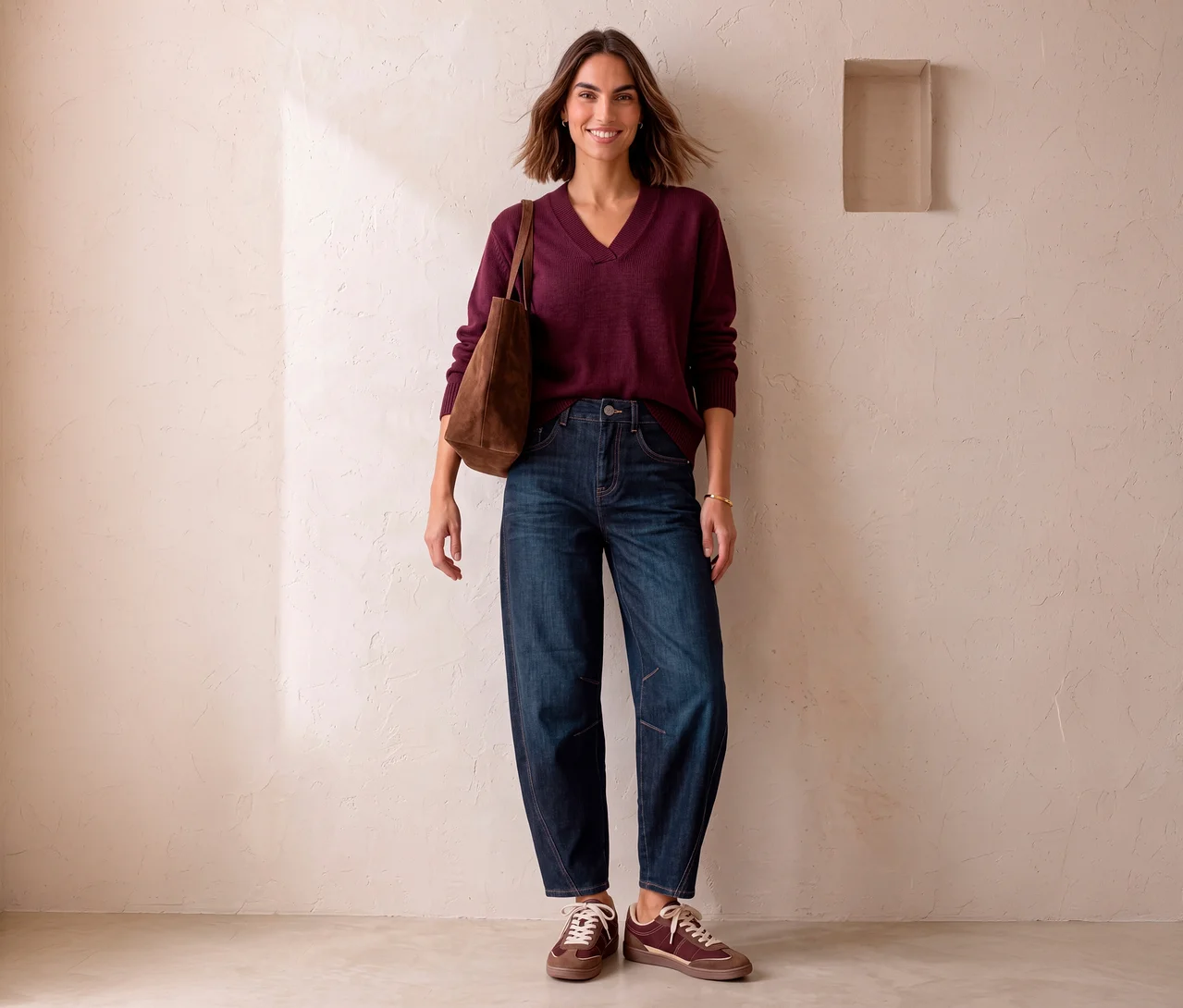 Femme souriante portant un pull bordeaux à col en V, un jean Street One bleu foncé et des baskets marron, tenant un sac cabas marron.