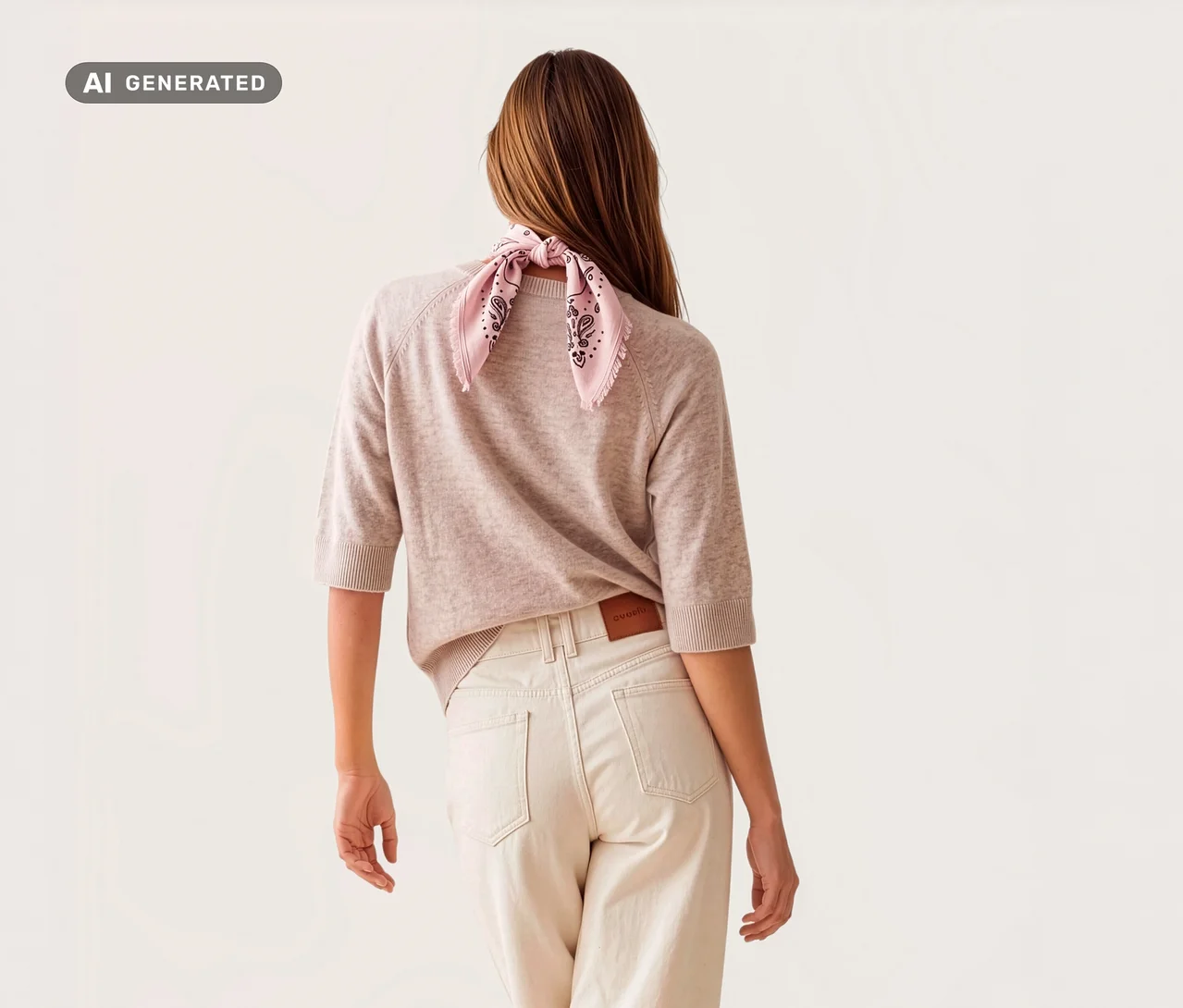 Personne vue de dos, portant un pull rose clair et un jean de couleur claire, avec un bandana tricoté en laine et cachemire rose noué autour du cou.