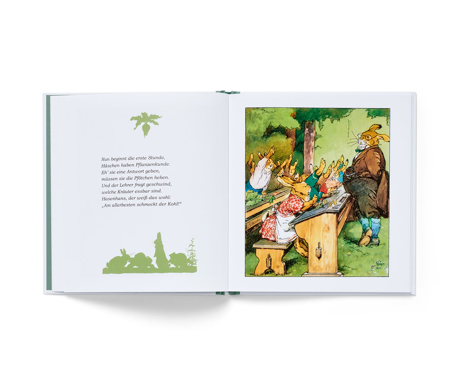 Un livre ouvert illustre une classe d'animaux où un lapin se tient devant des bancs remplis de petits lapins. Livre « Die Häschenschule » (en allemand).