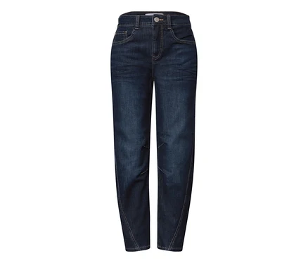 Jean Street One bleu foncé taille haute avec des coutures visibles aux genoux.