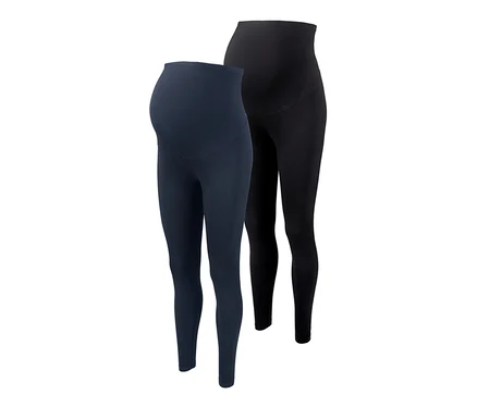 Deux leggings de grossesse, un bleu marine, l'autre noir.