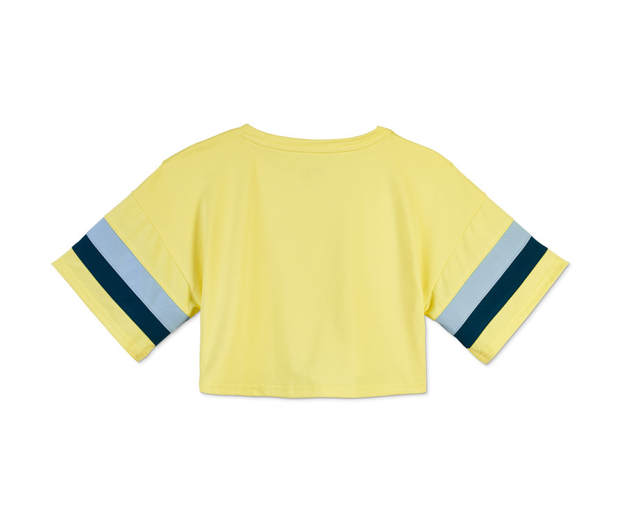 T-shirt fonctionnel Cropped jaune pour enfants, avec des matériaux recyclés, des manches courtes et des rayures bleues.