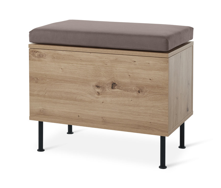 Banc avec compartiment de rangement et coussin marron.