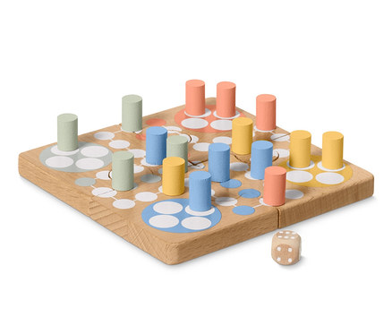 Puzzle Ludo en bois avec des chevilles colorées et un dé.